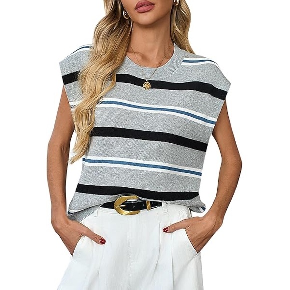 The Noah Muscle Tank Sweater by Maeve size S Stripes Blue Black White - Picture 3 of 8